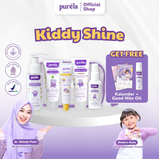 Kiddy Shine [FREE Goodnite Oil + Pouch+ kalender], sunscreen 30gr, soothing creme 70 gr, cleansing gel