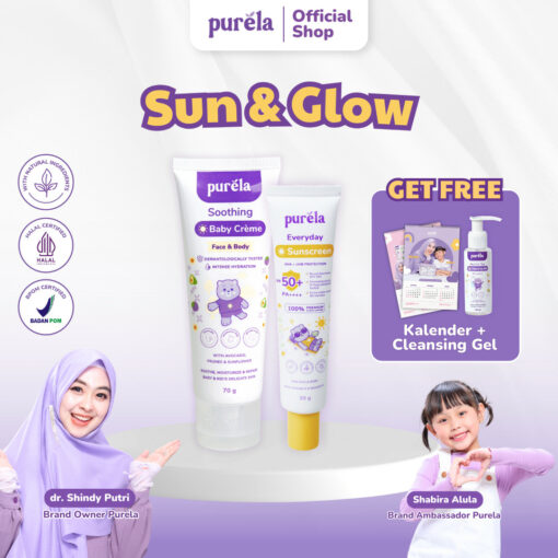 Sun & Glow [FREE Head to Toe Cleansing Gel 100ml, kalender], sunscreen 30 gr, soothing cream 70 gr